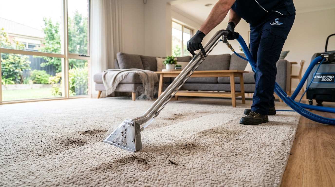 Professional deep steam carpet cleaning extraction wand in action on residential living room floor